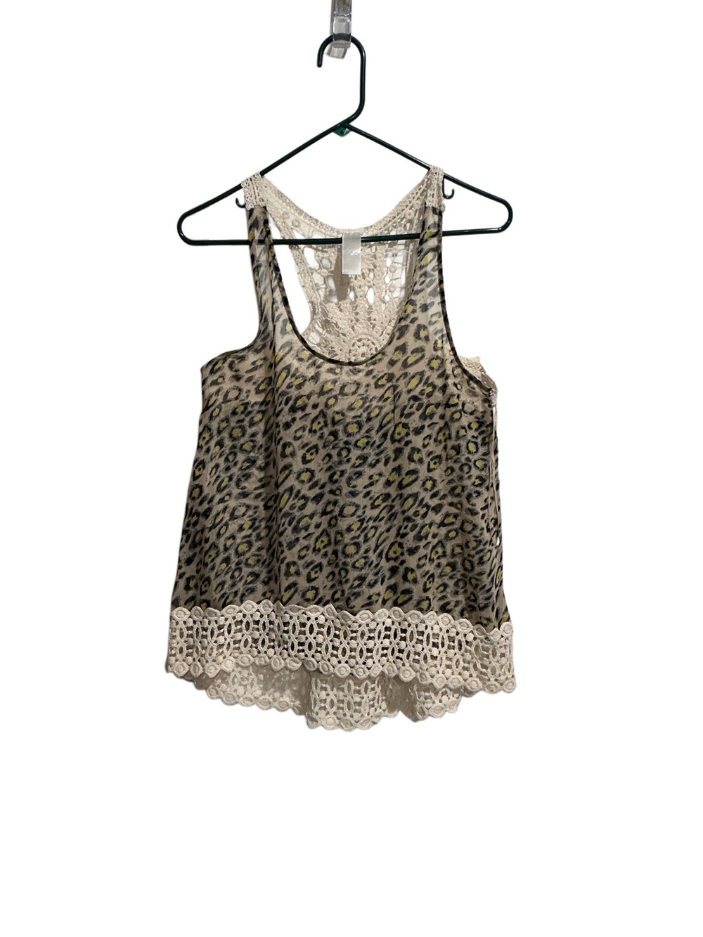 Boho Leopard Print Sheer Tank Top Crochet Lace Trim Racerback